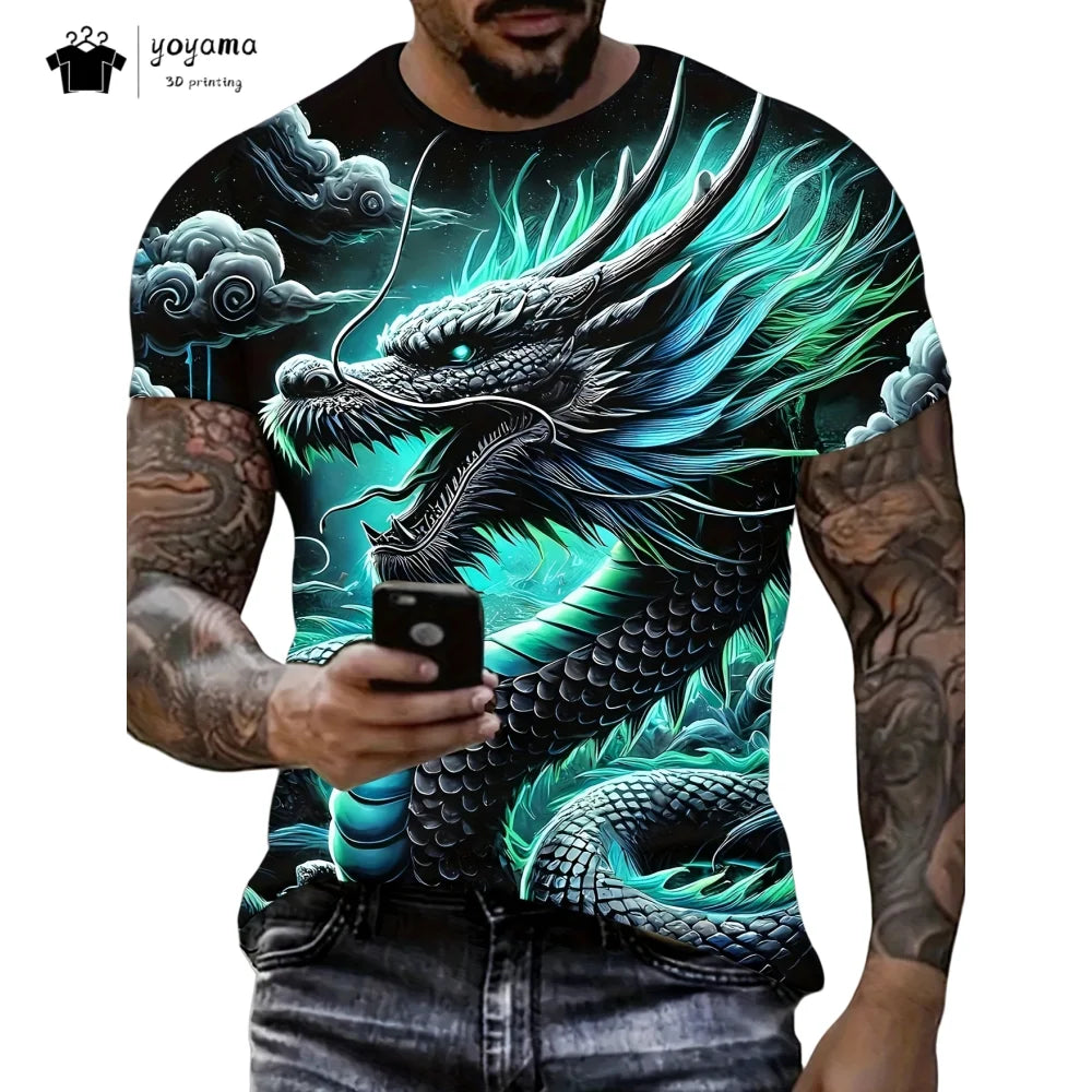 Pánská trička s motivem draka, tričko s krátkým rukávem, módní streetwear, tričko s kulatým výstřihem, trendové zvířecí motivy, 3D tisk, volný střih, univerzální pánské oblečení