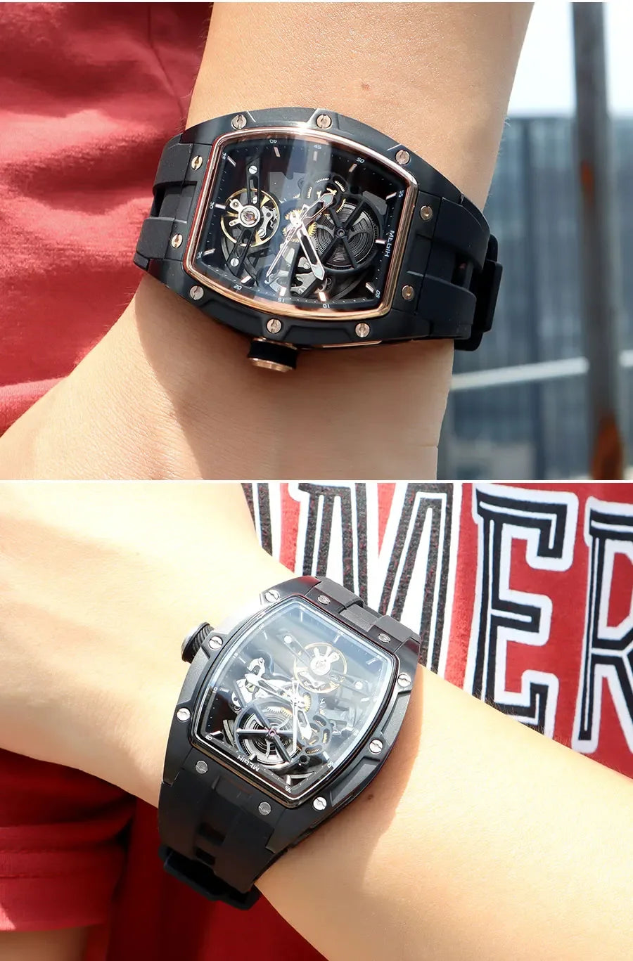 Orologio da polso automatico MEGIR da uomo, fashion, cinturino in silicone nero, impermeabile, luminoso, sportivo, meccanico, con quadrante tonneau 2242