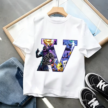 Fortnite A-Z Alphabet Print T-Shirt für Kinder, Sommer, weiß, beliebtes Cartoon-Game-Shirt, modisches Casual-Kurzarmtop, Geschenk