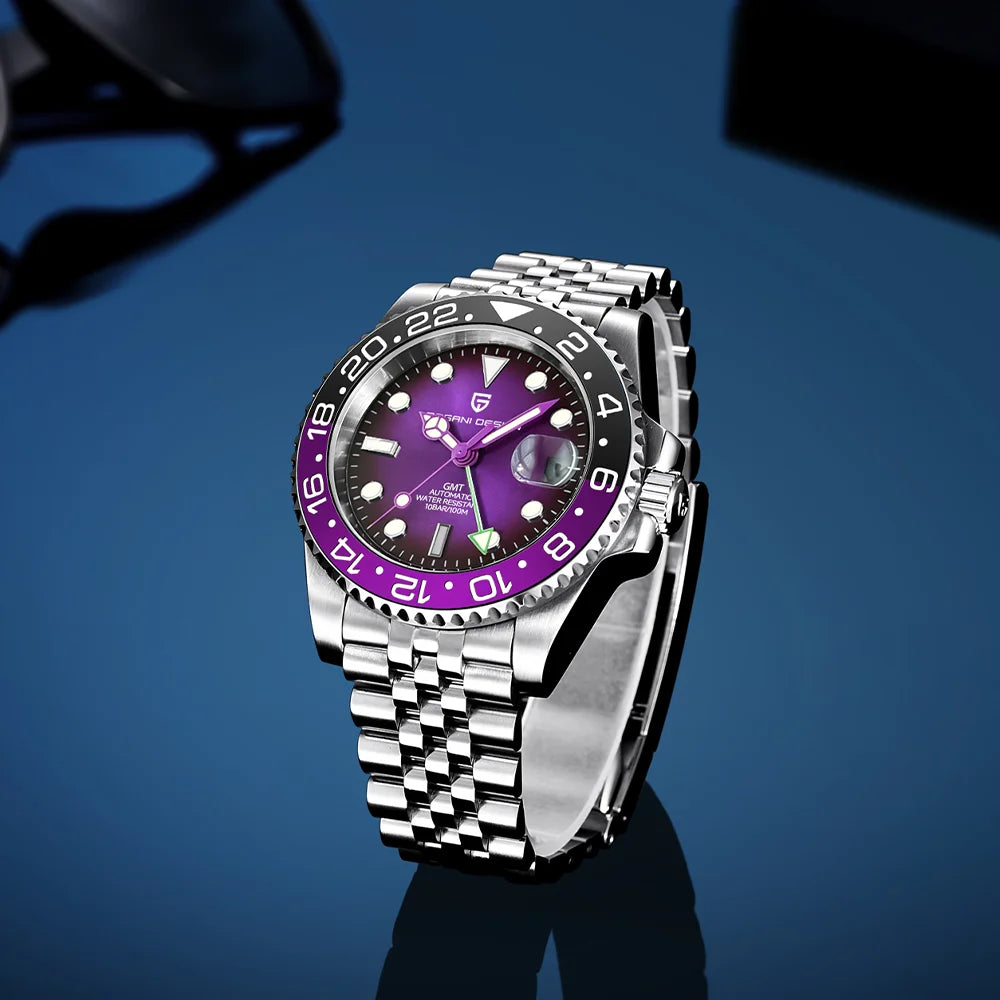 Механичен мъжки часовник Pagani Design GMT – Луксозен модел със сапфирен кристал, корпус от неръждаема стомана и керамична рамка – Автоматичен мъжки часовник, професионален стил