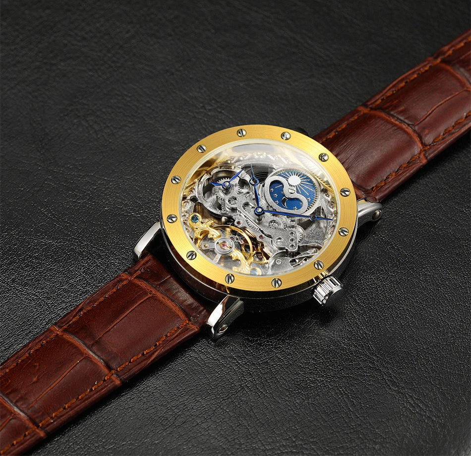 Pánske mechanické automatické náramkové hodinky SKROX, skeletový model s funkciou GMT, fázami mesiaca a tourbillon – luxusné hodinky najvyššej triedy, elegantné a originálne.
