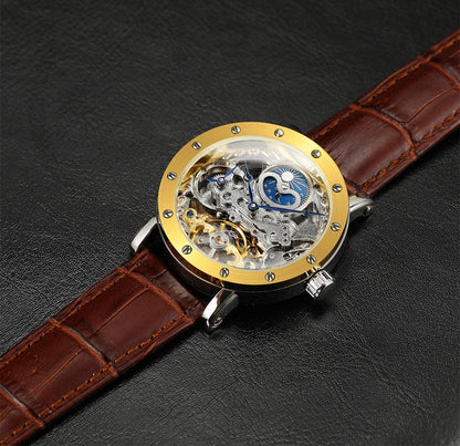 Pánske mechanické automatické náramkové hodinky SKROX, skeletový model s funkciou GMT, fázami mesiaca a tourbillon – luxusné hodinky najvyššej triedy, elegantné a originálne.