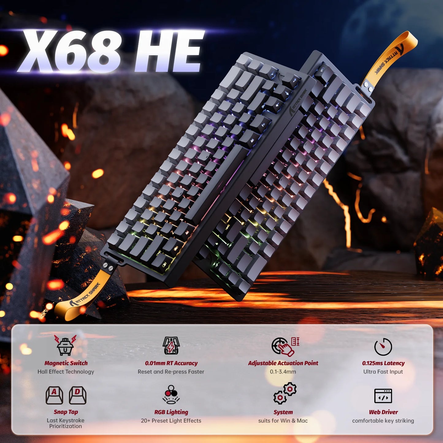 ATTACK SHARK X68 HE Rapid Trigger Magnetic Keyboard 8KHz Wired Gaming Keyboard, 60% RGB Hall Effect Keyboard with 0.01mm RT Accuracy, Snap Tap & DKS for PC/Mac