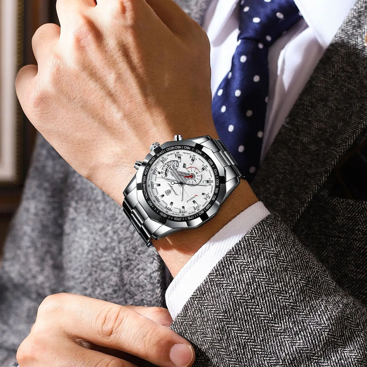 POEDAGAR luxe herenhorloge, waterdicht, verlicht, datum, sportief, roestvrijstalen band, quartz uurwerk.