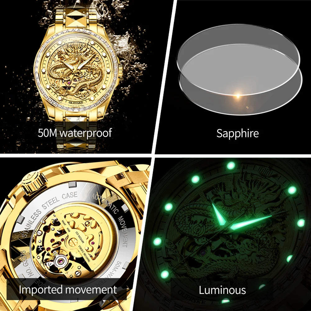 OUPINKE Men's Watches Top Brand Luxury Gold Tungsten Steel Original Automatic Mechanical Wristwatch Featured Dragon Pattern Dial