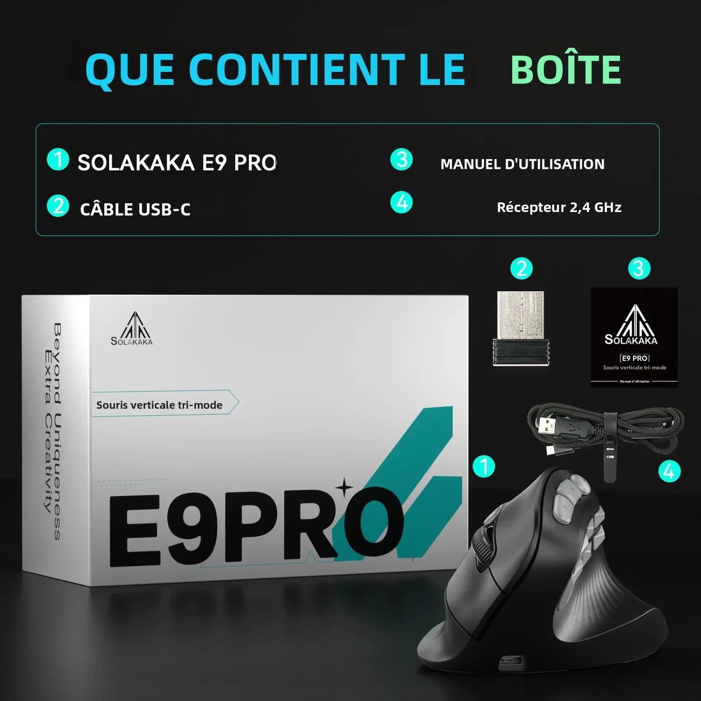 SOLAKAKA E9 Pro MMO Vertical Mouse PAW3395 Sensor 1000mAh Battery 45° Vertical Grip Ergonomic Mouse 8K Gaming Mouse