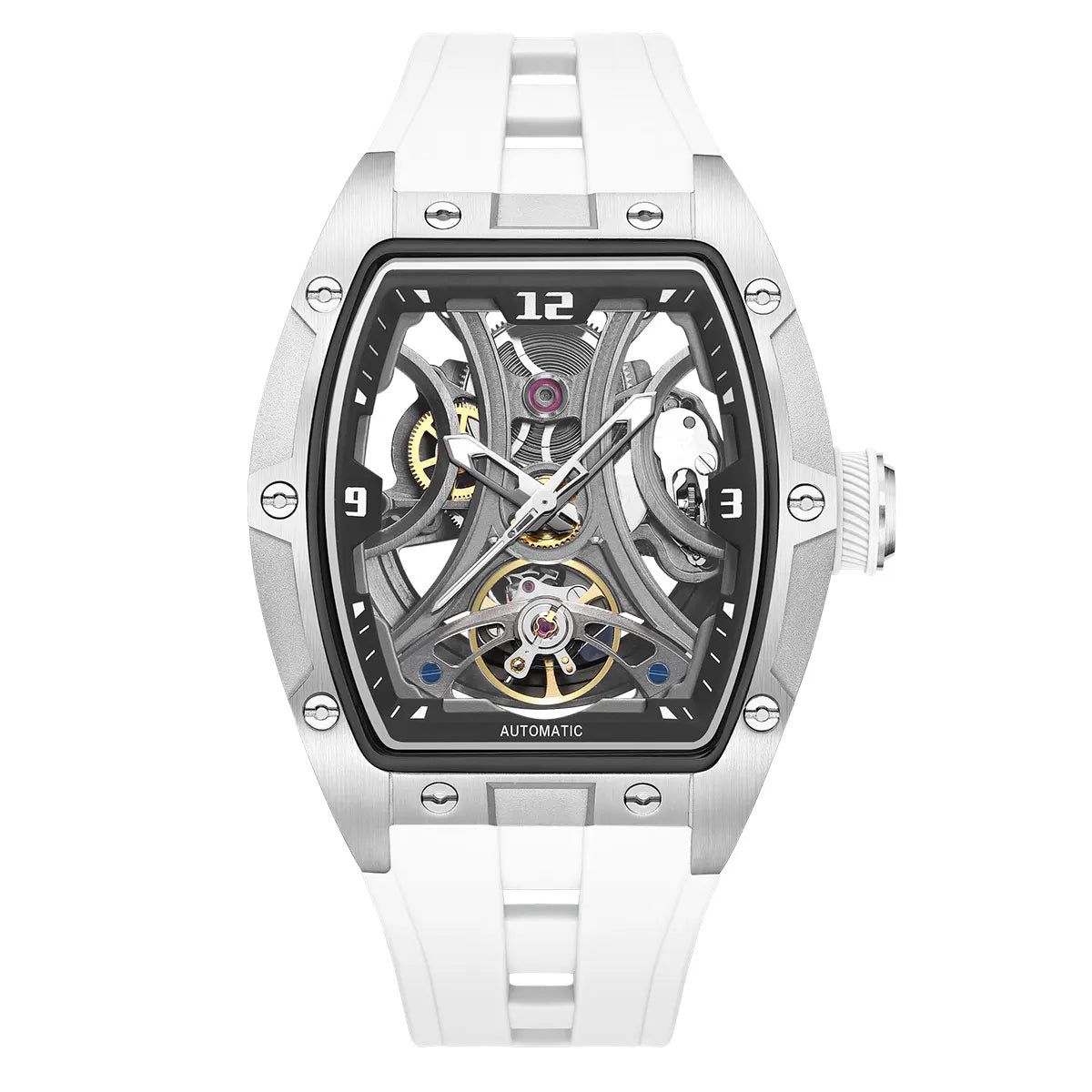 MEGIR Sports Style Automatic Mechanical Watch for Men Full Hollow Transparent Dial Design Stainless Steel Case Silicone Strap