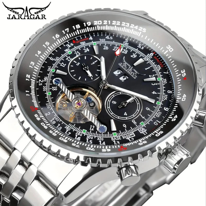 JARAGAR 034 luxe retro automatisch mechanisch horloge, tourbillon, hol skelet, roestvrij staal, weekkalender, herenhorloge