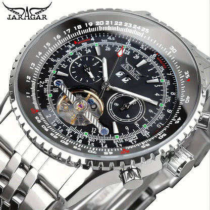 JARAGAR 034 luxe retro automatisch mechanisch horloge, tourbillon, hol skelet, roestvrij staal, weekkalender, herenhorloge