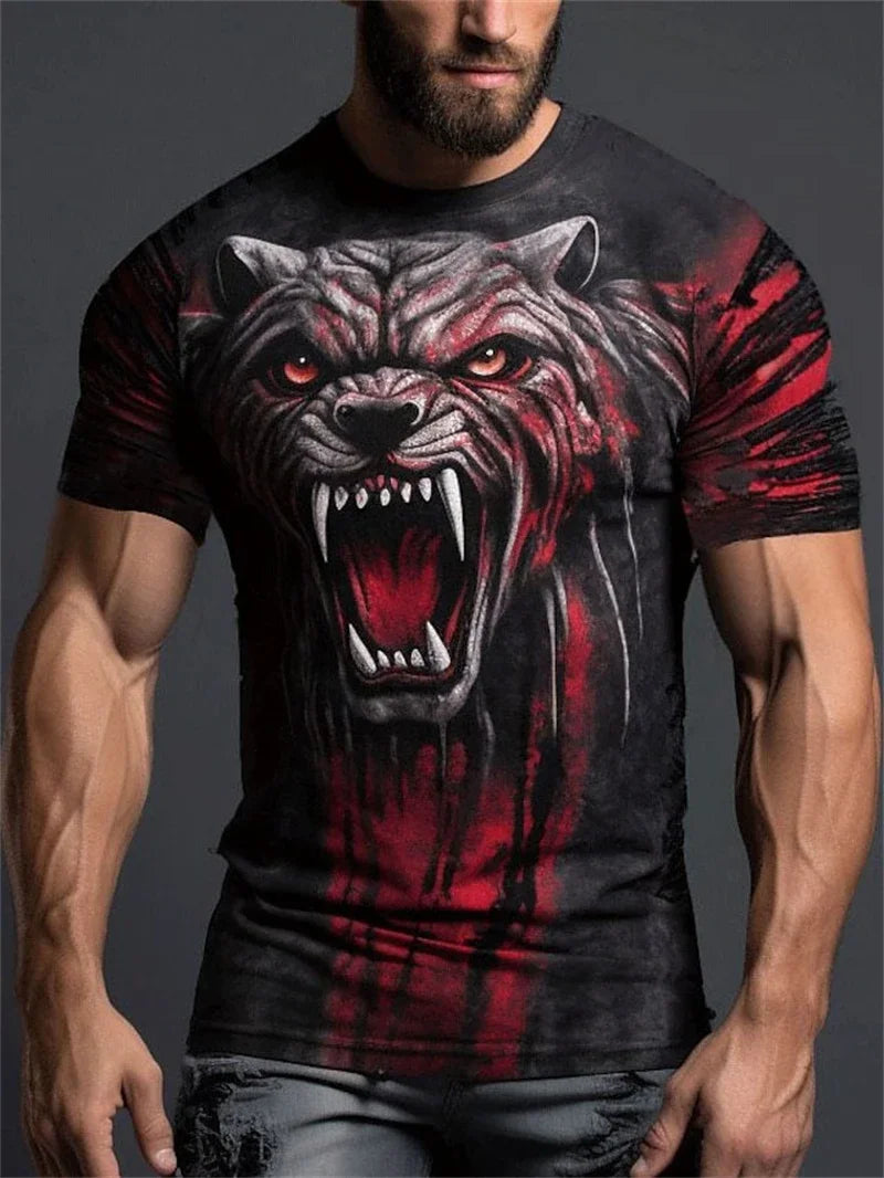 Herre-T-shirt med 3D-ulvprint, realistisk dyremotiv, rund hals, korte ærmer, cool streetwear, afslappet, åndbar T-shirt
