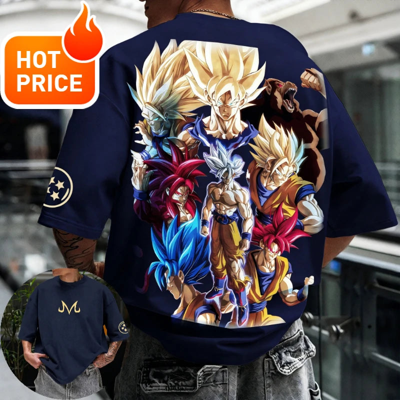 Sommer-Dragon Ball-T-shirt i 100 % bomuld med print af Goku i alle former – oversized gym- og streetwear-T-shirt i retrostil til voksne og børn