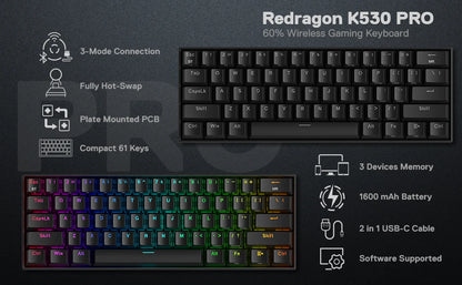 Redragon K530 Pro Draconic 60% Wireless Mechanical Keyboard, 61-Key RGB Hot-Swappable Gaming Keyboard, Bluetooth 5.0/2.4GHz/USB-C Tri-Mode Mechanical Keyboard