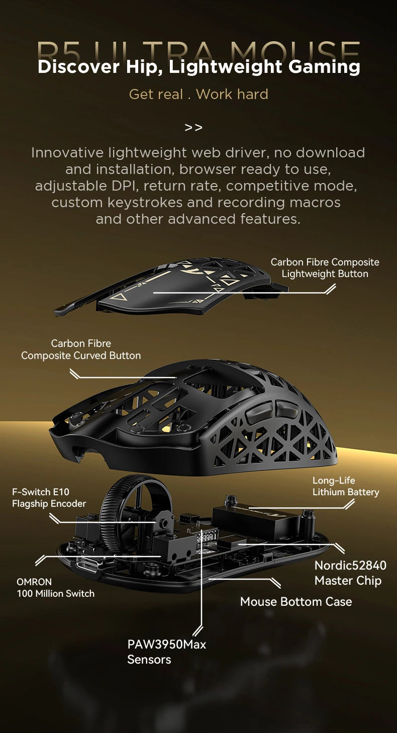 ATTACK SHARK R5 ULTRA Wireless Gaming Mouse - 8K Polling, PAW3950MAX Sensor, 42,000 DPI, Carbon Fiber Ultra-Light for Pro Esport
