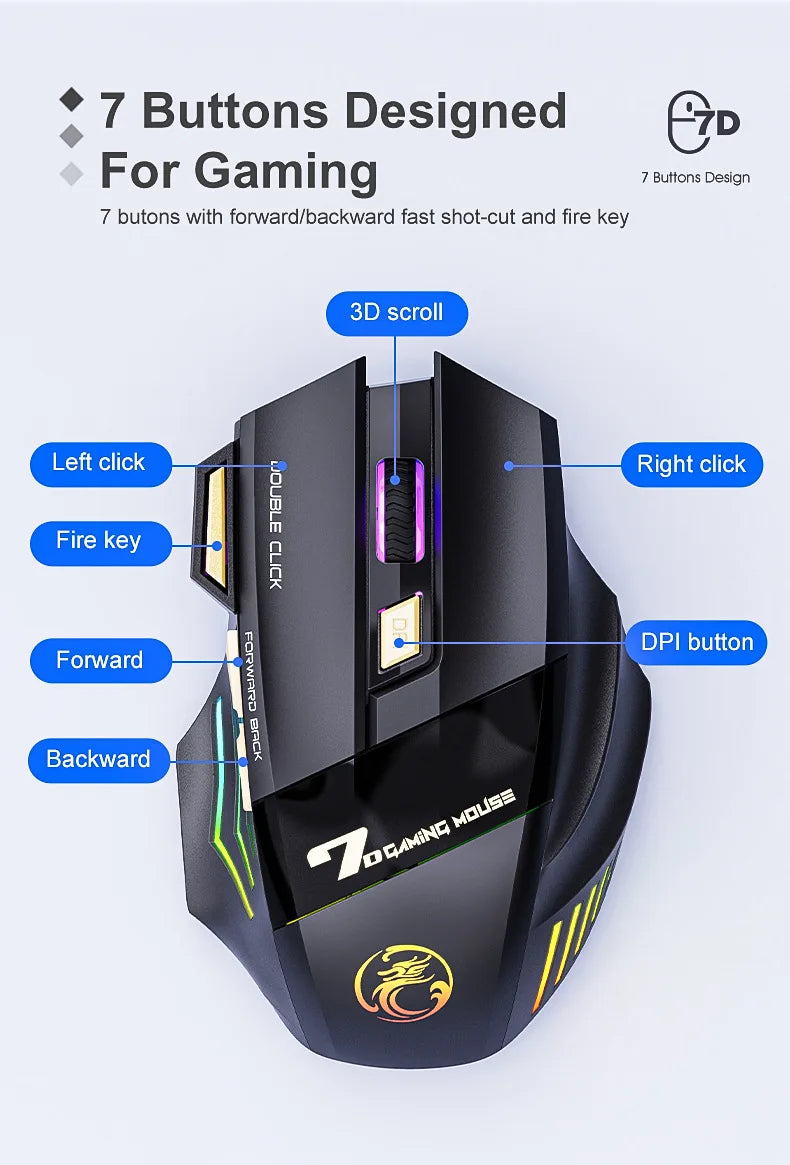 Wireless Gaming Mouse USB IMICE GW-X7 3200DPI Dual Mode Rechargeable 7 Keys 2.4GHz Silent Mouse Bluetooth 7-color Breathing LED