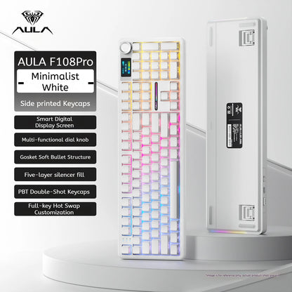 AULA F108 Pro mechanical keyboard 100& layout Bluetooth 2.4G wired gaming keyboard With hot-swappable gasket structure RGB light