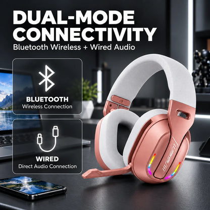 Casque de jeu, casque supra-auriculaire Bluetooth et filaire avec éclairage RGB, microphone, coussinets d’oreille souples pour jeux sur PC et mobile, couleur or rose.