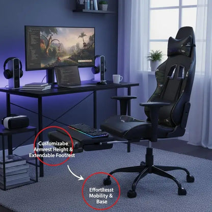 Gaming Chair with Footrest Black and Camouflage 66X56X120.5-131 cm in Imitation Leather, Reclining 360° Swivel Can Carry 110 kg
