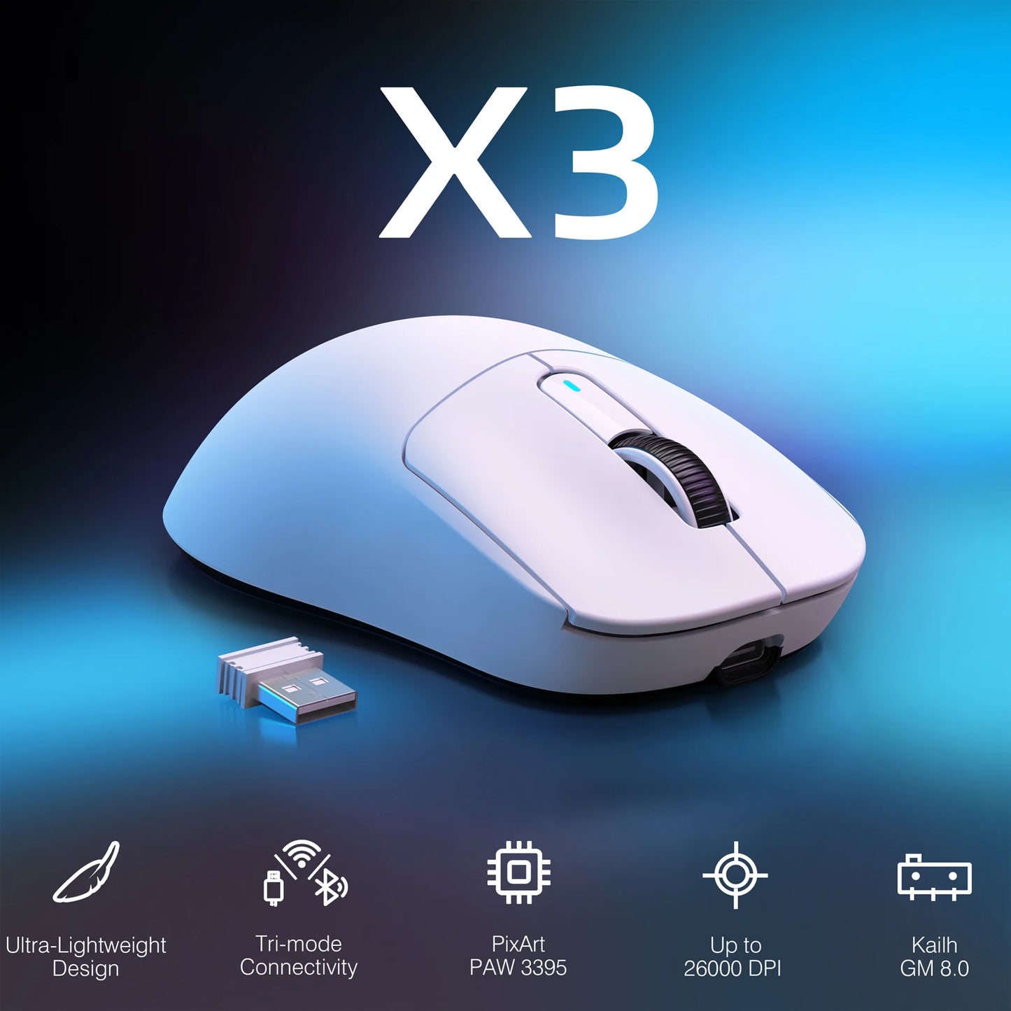 ATTACK SHARK X3 Wireless Gaming Mouse, 49g Ergonomic PC Mouse, Triple Modes PAW3395 26K DPI Optical Sensor, Programmable Buttons