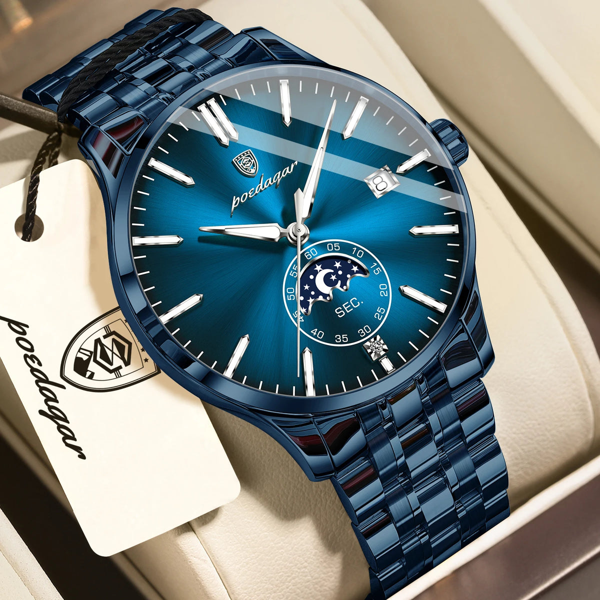 Reloj de lujo para hombre POEDAGAR, estilo informal, de acero inoxidable, de cuarzo, resistente al agua, luminiscente, con fecha, elegante.