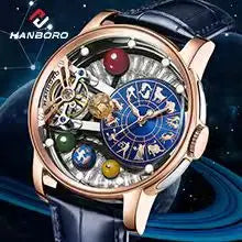 ase Autoy HANBORO Men’s Luxury Automatic Skeleton Watch  Rose Gold Starry Sky Moon Phase Mechanical WristwatchHollow Flywheel Moon Phxury Space Theme Sports Watch 980