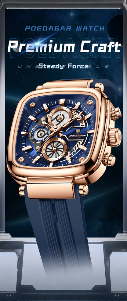 POEDAGAR Square Sport Man Wristwatch Date Waterproof Luminous Chronograph Watch For Men Silicone Strap Men's Quartz Watches Male