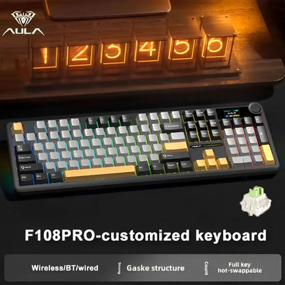 AULA F108 PRO Esports Gaming Mechanical Keyboard Three Mode Custom Multi-Knob RGB Backlight Keyboard with TFT Smart Display