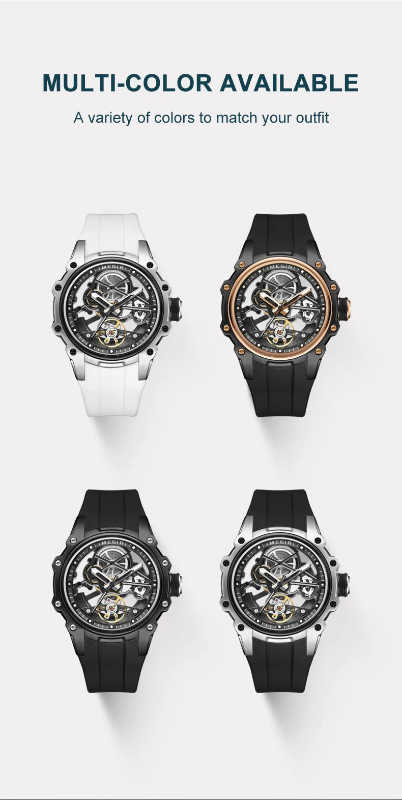 MEGIR Skeleton Dial Automatic Mechanical Watch Men Stainless Steel Case Waterproof Luminous Sport Wristwatch with Silicone Strap