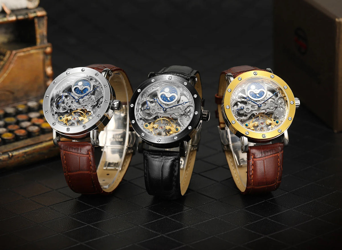 Pánske mechanické automatické náramkové hodinky SKROX, skeletový model s funkciou GMT, fázami mesiaca a tourbillon – luxusné hodinky najvyššej triedy, elegantné a originálne.