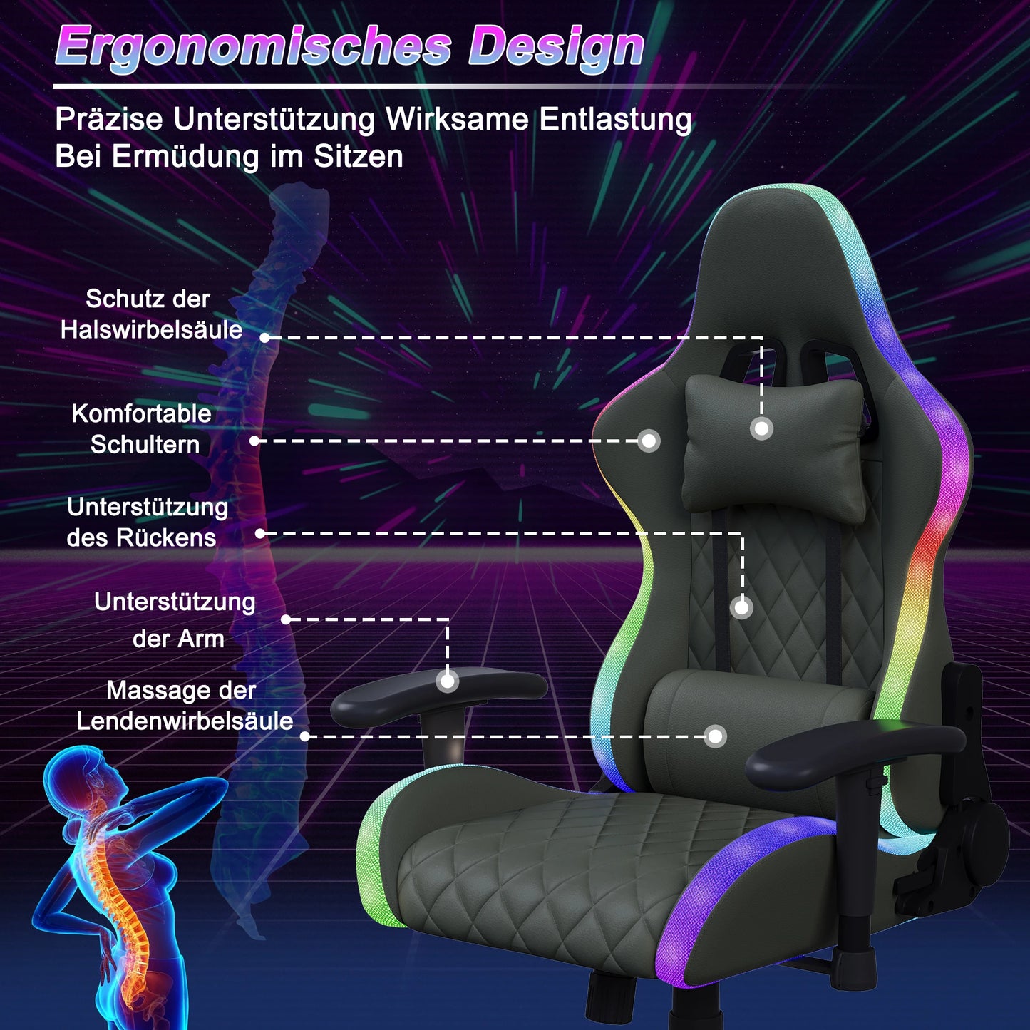 Gaming Chair, Ergonomic Gaming Chair with LED, Adjustable Computer Chair for Teenagers, Lumbar Cushion, Gamer Chair, Black