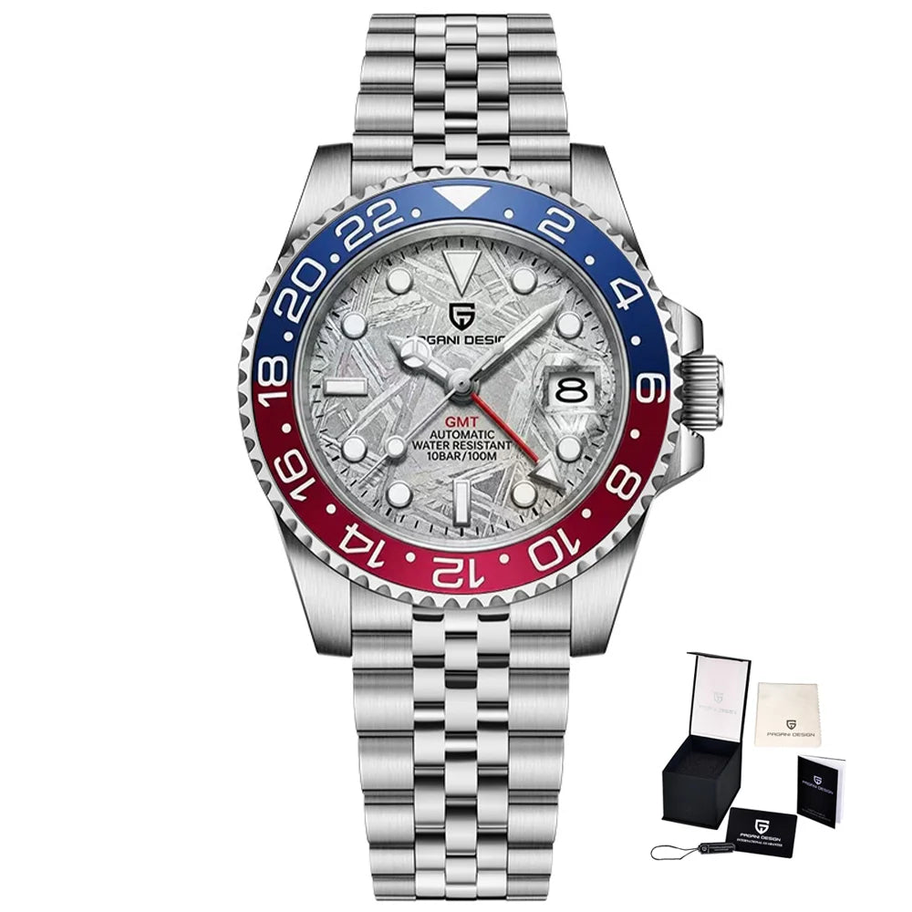 Механичен мъжки часовник Pagani Design GMT – Луксозен модел със сапфирен кристал, корпус от неръждаема стомана и керамична рамка – Автоматичен мъжки часовник, професионален стил