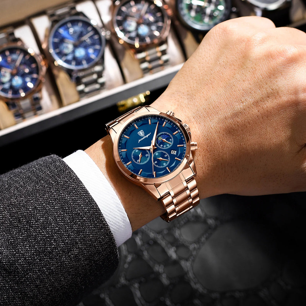 Montre-bracelet de luxe pour homme POEDAGAR, style militaire, étanche, lumineuse, chronographe, en acier inoxydable, à quartz, avec boîte.