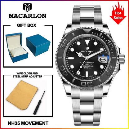 2026 MACARLON Design New Yacht series Mechanical Watch Men Carbon fiber ring mouth sapphire Stainless steel Waterproof Watch TOP