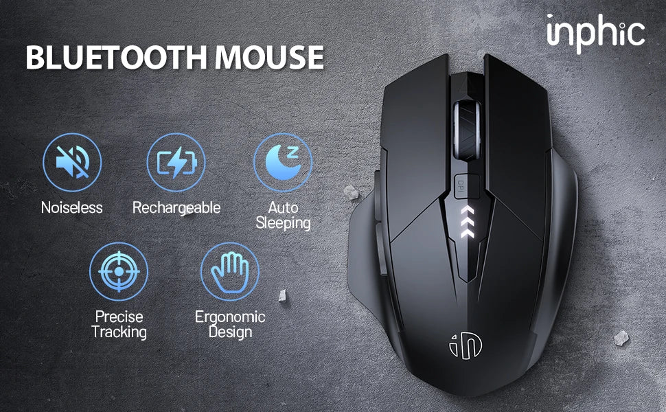 INPHIC A1 Bluetooth Mouse, Rechargeable 2.4G Tri-Mode Optical Mute Wireless Mouse, 1600 DPI for Mac, Laptop, PC, Tablet, Mobile Phone