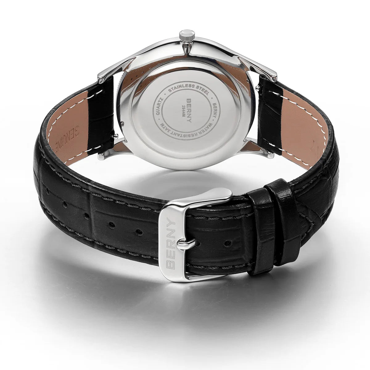 BERNY Watches for Men Luxury Slim Classic Stylish Dress Quartz Watch Stainless Steel Case Elegance Leather Band Wristwatch