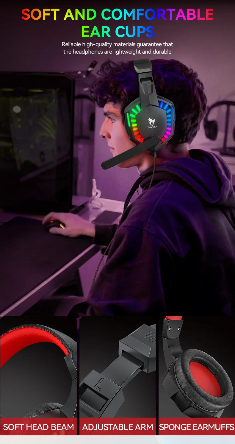 H120 RGB LED Light Wired Headphones USB 3.5mm Audio Interface Bass Stereo Sound Gaming Headsets with High Sensitivity Microphone