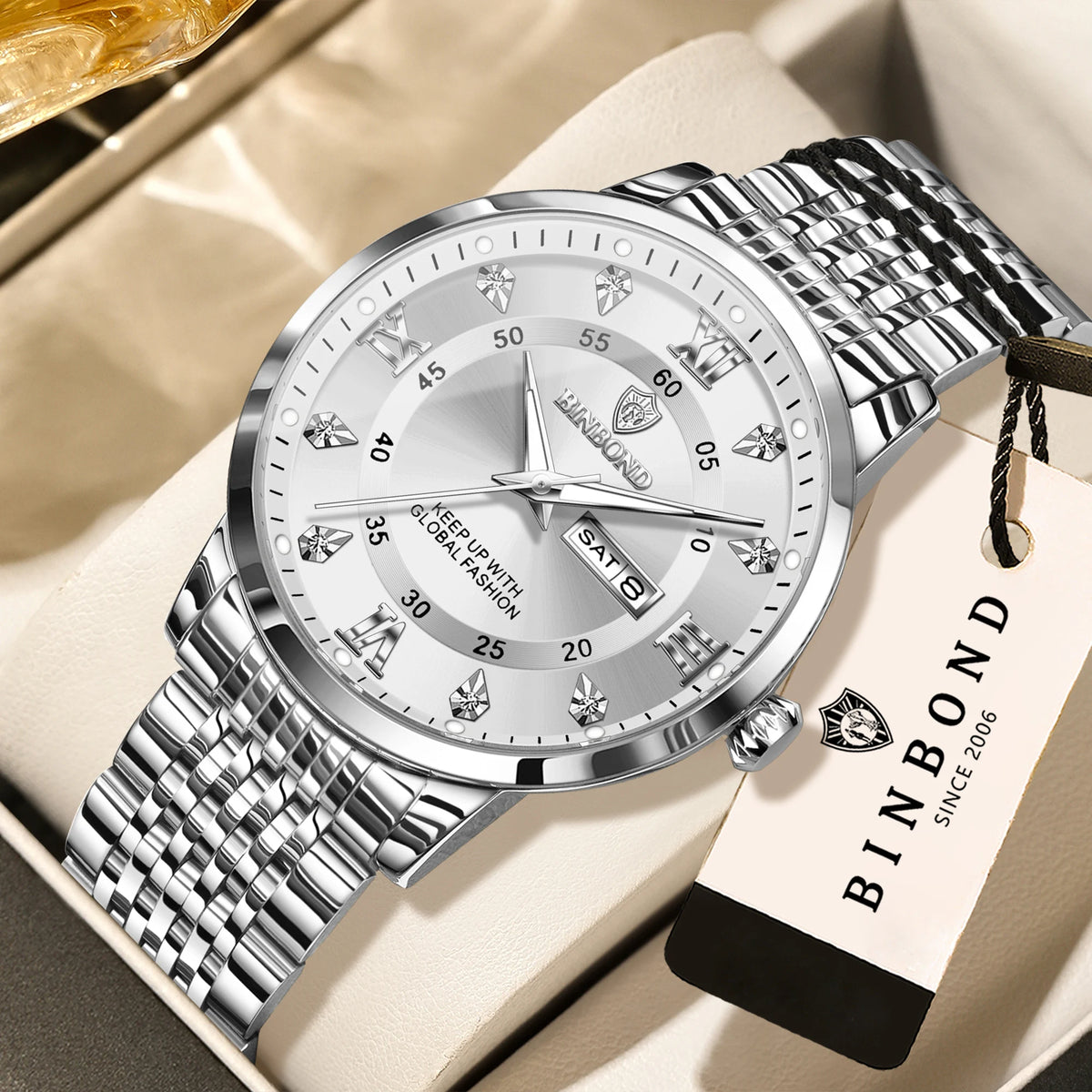Montre-bracelet à quartz de luxe BINBOND pour homme – Étanche, lumineuse, avec affichage du jour de la semaine – Style business, sport, mode et décontracté