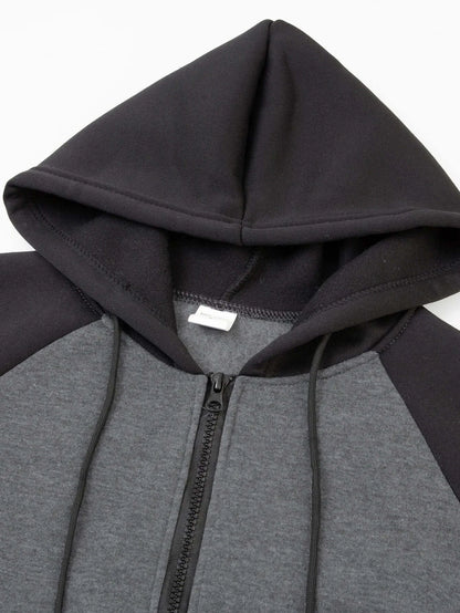Autumn Winter New Zipper Fleece Hooded Coat Casual Men Women Plus Size Loose Pullover Fashion Raglan Sleeves Sweatshirt Top, sweat à capuche zippé gris et noir