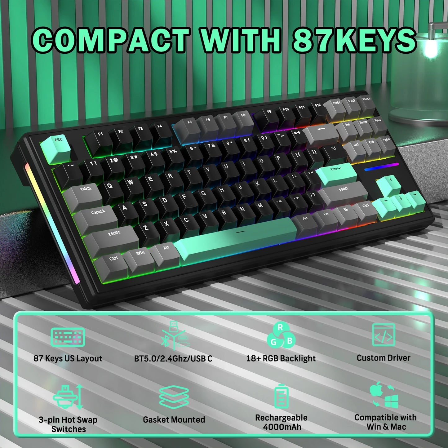 Attack Shark M87 TKL Wireless Mechanical Gaming Keyboard, RGB Backlit Compact Hot-Swappable Gasket Programmable USB-C/BT/2.4GHz