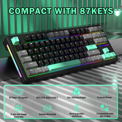 Attack Shark M87 TKL Wireless Mechanical Gaming Keyboard, RGB Backlit Compact Hot-Swappable Gasket Programmable USB-C/BT/2.4GHz