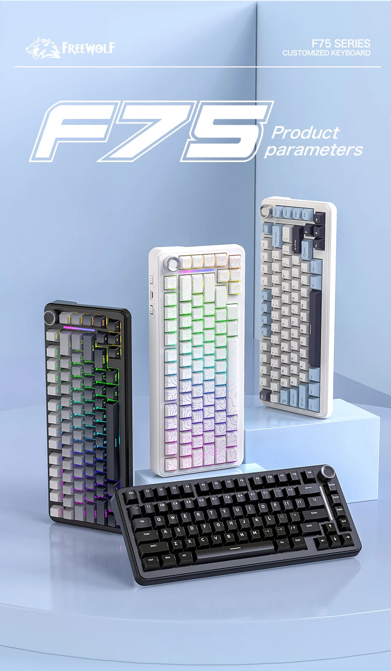 Teclado mecânico F75 FREEWOLF * AULA F75 Bluetooth de três modos, dedicado a gaming e utilização em escritório