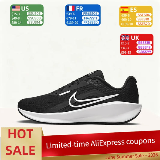„Nike DOWNSHIFTER 13“ patogūs, iš kvėpuojančios medžiagos pagaminti žemi kasdieniai miesto ir bėgimo bateliai moterims, juodi/balti, FD6476-001