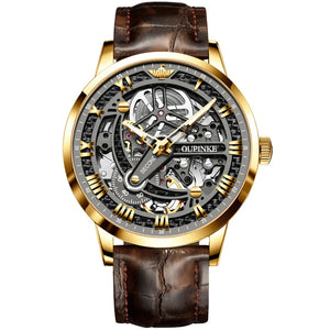 OUPINKE 3173 Skeleton Automatic Mechanical Watch Luxury Brand 50M Waterproof Watch Leather Strap Mens Watch Box Gifts Reloj