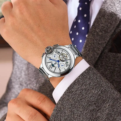 Orologio da uomo POEDAGAR, in stile lussuoso e professionale, con indicazione della data e del giorno, tourbillon, cassa in acciaio inossidabile, movimento meccanico a carica automatica e impermeabilità.