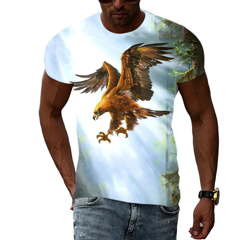 3D-geprint grappig adelaars-T-shirt voor heren, coole dierenprint, zomerse Harajuku-tees, losvallende tops met ronde hals en korte mouwen, T-shirts voor kinderen