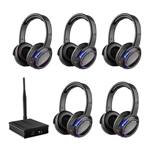 UHF RF Silent Disco Headphones Wireless DJ Headset System with 5 Headphones and 1 Transmitter, 500m Long Range Wireless Silent Party Headphones