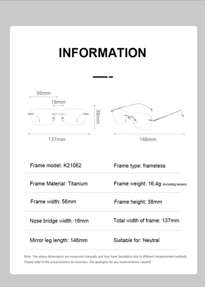 Men Pure Titanium Eyeglasses Frame Women Ultralight Rimless Glasses Blue Light Blocking Lens Prescription Myopia Reading Eyewear