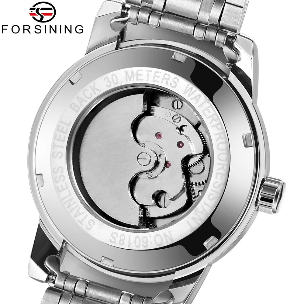 Forsining mekanisk automatisk herrklocka – Lyxig, affärsmässig och trendig stil, metallarmband, tourbillon, självlysande visare, prydd med syntetiska diamanter