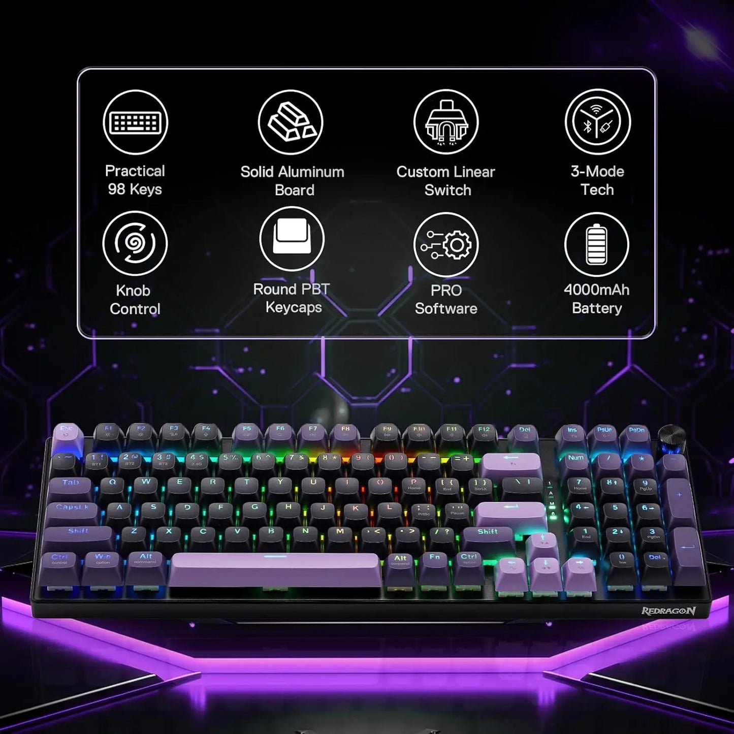 Redragon K740 PRO Wireless RGB Gaming Keyboard, 98 Keys 3-Mode Mechanical Keyboard with Aluminum Base, Hot-Swappable PBT Keycaps, Bluetooth/2.4G/USB-C