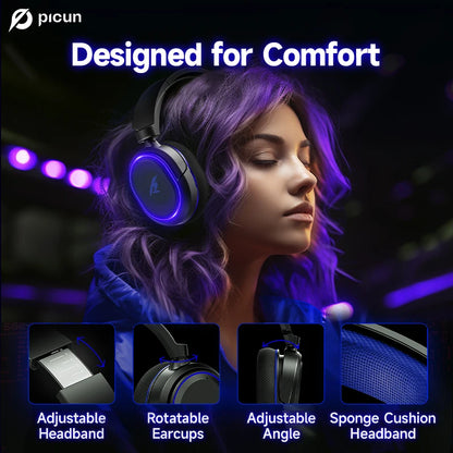 Picun G2 Wireless Gaming Headset Bluetooth 5.3, 7.1 Surround Sound Gaming Headphones, 2.4G Low Latency Wireless Gaming Headset with ENC Microphone for PC, PS5, PS4, Switch & Mobile