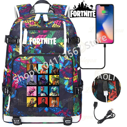 Red Jade F-Fortnited Battle Royale Backpack with USB Charging Anime Figures Study Stationery Compartment for Students Mochila